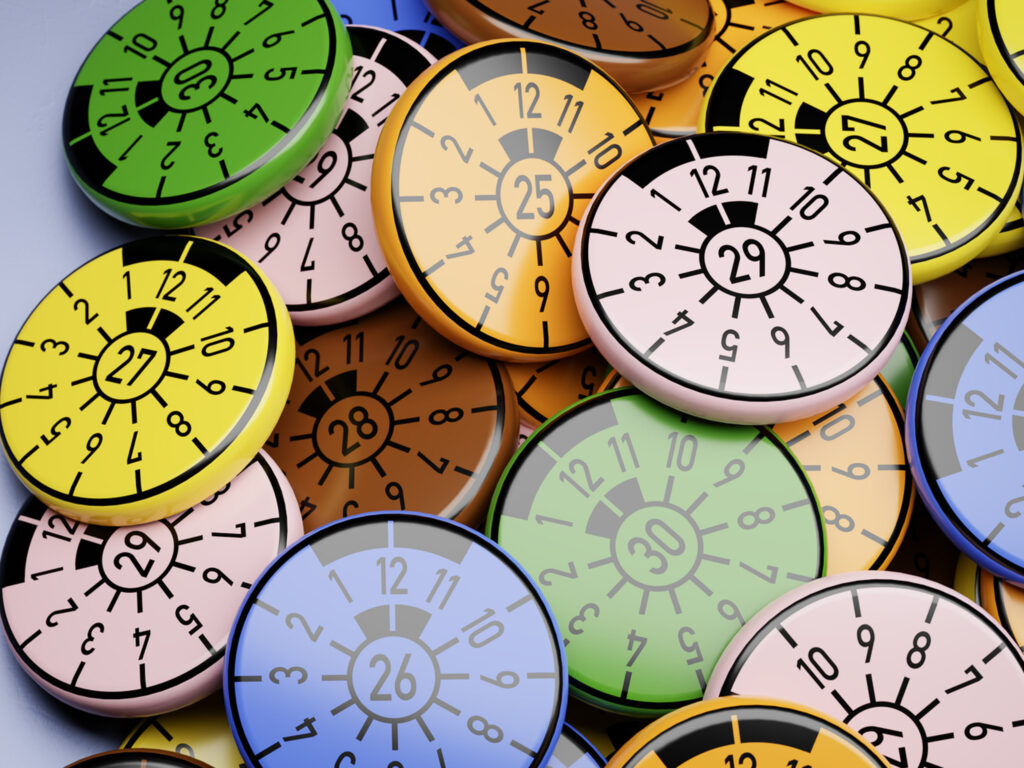 german vehicle inspection stickers / goods vehicle test certificate ("tÜv plakette") with color coding for the years 2025 to 2030.